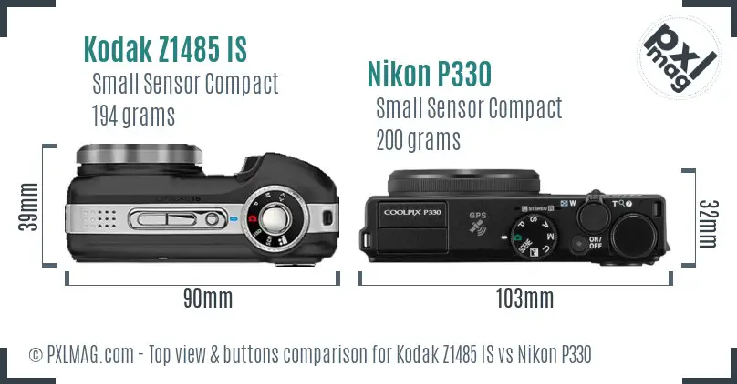 Kodak Z1485 IS vs Nikon P330 top view buttons comparison