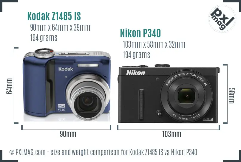 Kodak Z1485 IS vs Nikon P340 size comparison Kodak Z1485 IS vs Nikon P340 size comparison