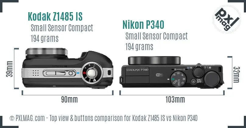 Kodak Z1485 IS vs Nikon P340 top view buttons comparison Kodak Z1485 IS vs Nikon P340 top view buttons comparison
