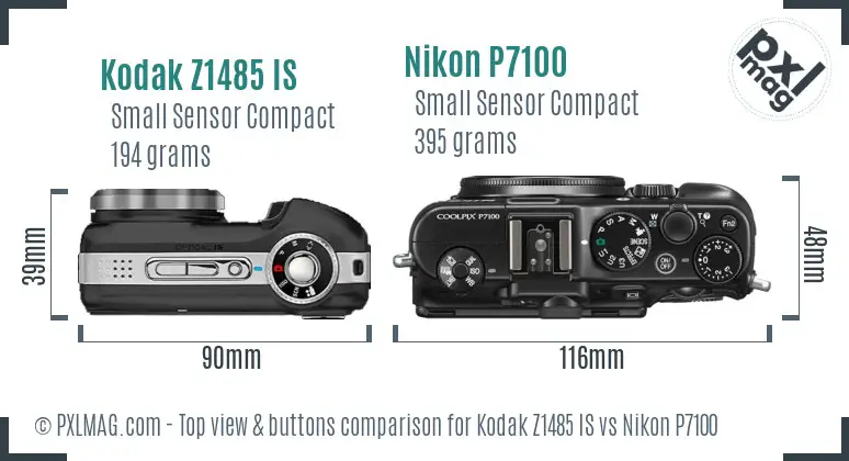 Kodak Z1485 IS vs Nikon P7100 top view buttons comparison