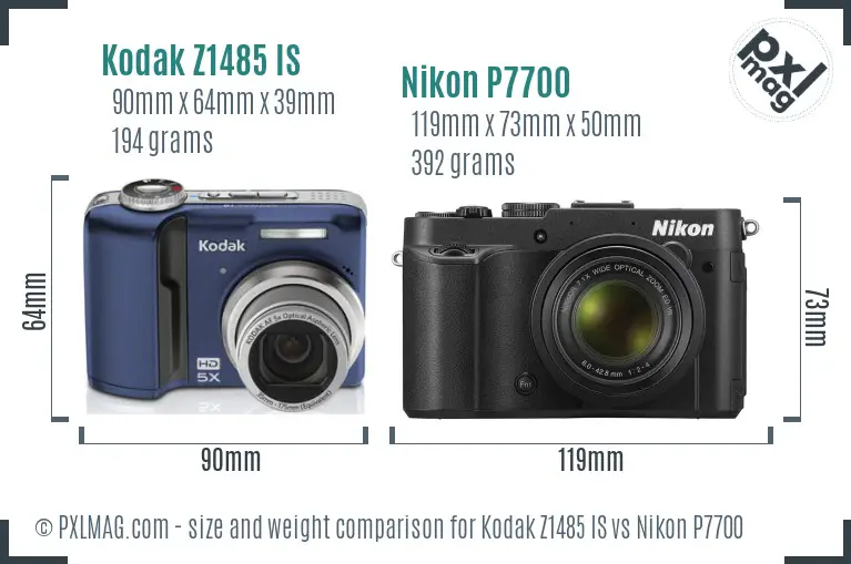 Kodak Z1485 IS vs Nikon P7700 size comparison