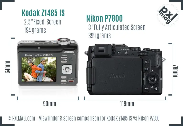 Kodak Z1485 IS vs Nikon P7800 Screen and Viewfinder comparison