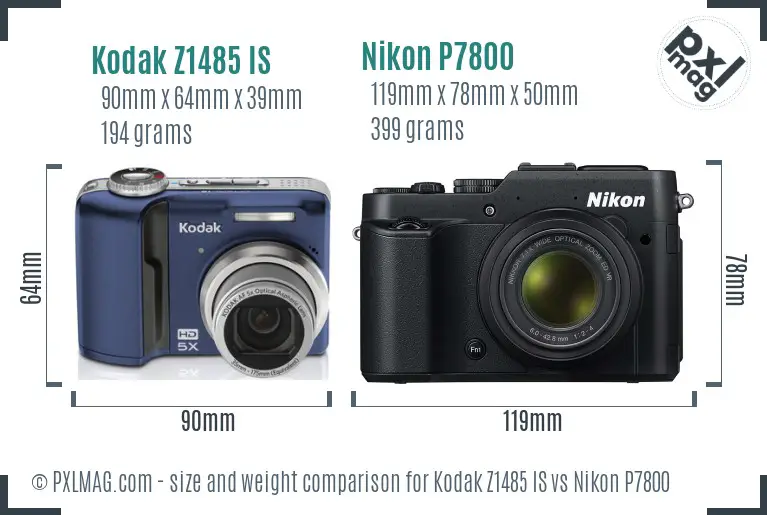Kodak Z1485 IS vs Nikon P7800 size comparison