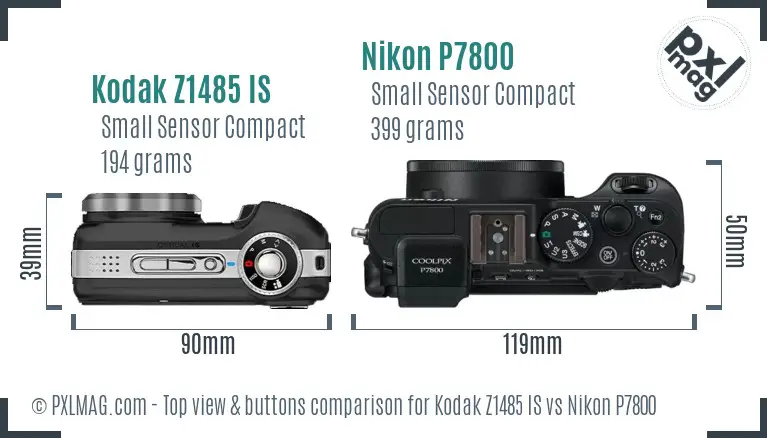 Kodak Z1485 IS vs Nikon P7800 top view buttons comparison