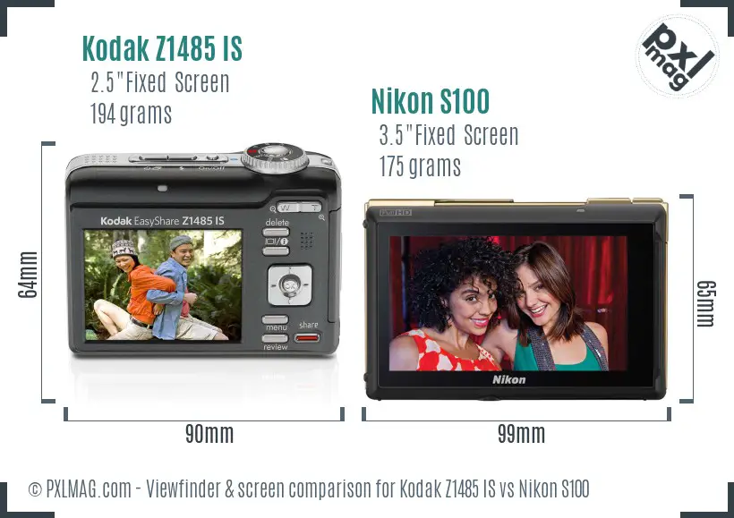 Kodak Z1485 IS vs Nikon S100 Screen and Viewfinder comparison