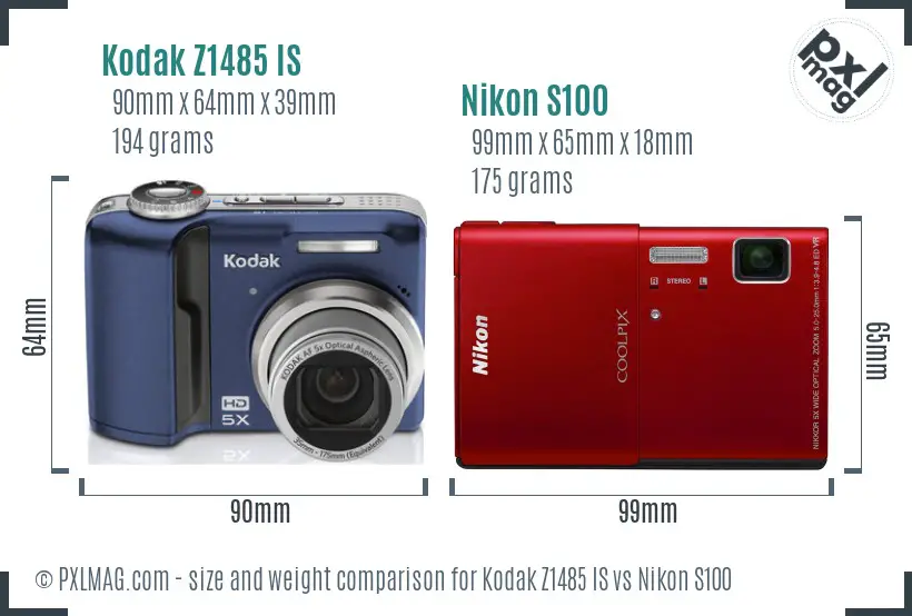 Kodak Z1485 IS vs Nikon S100 size comparison