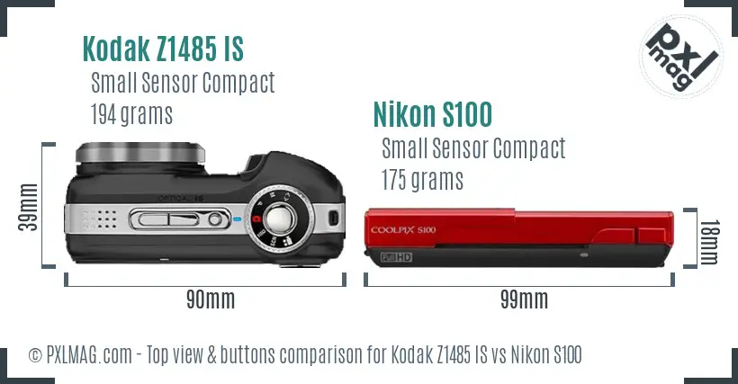 Kodak Z1485 IS vs Nikon S100 top view buttons comparison