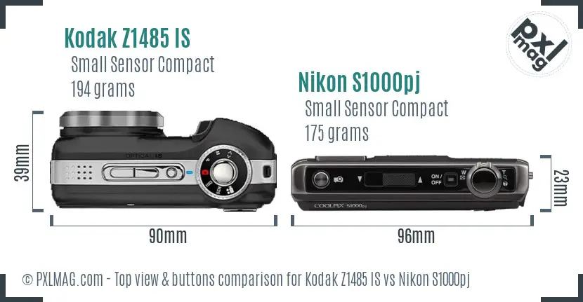 Kodak Z1485 IS vs Nikon S1000pj top view buttons comparison Kodak Z1485 IS vs Nikon S1000pj top view buttons comparison