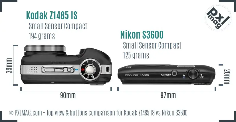 Kodak Z1485 IS vs Nikon S3600 top view buttons comparison Kodak Z1485 IS vs Nikon S3600 top view buttons comparison