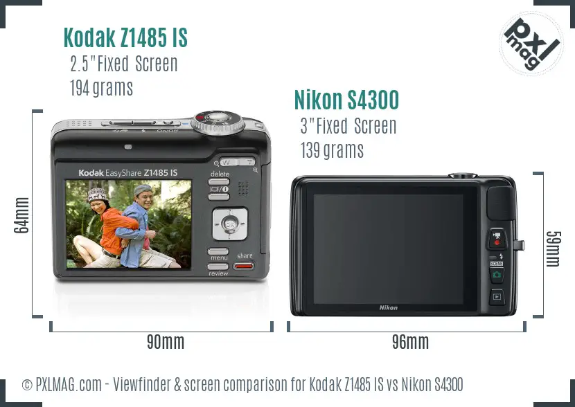 Kodak Z1485 IS vs Nikon S4300 Screen and Viewfinder comparison