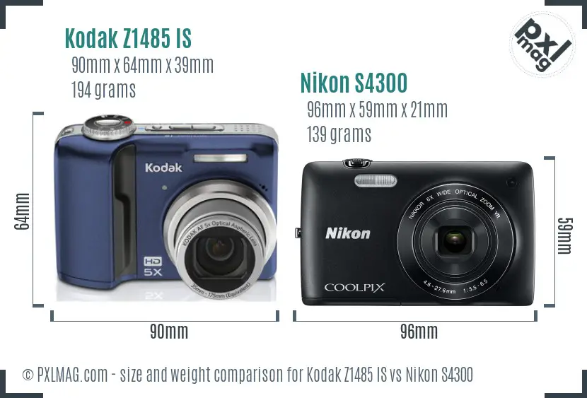 Kodak Z1485 IS vs Nikon S4300 size comparison