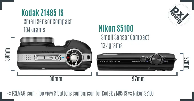 Kodak Z1485 IS vs Nikon S5100 top view buttons comparison