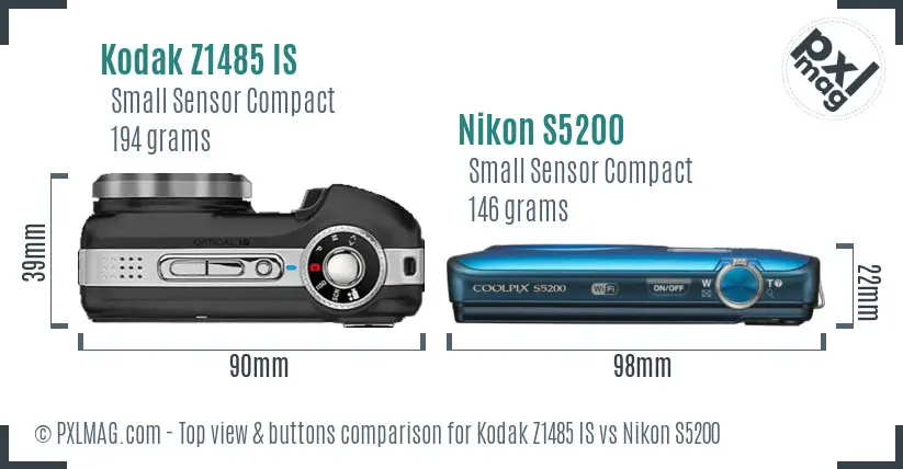 Kodak Z1485 IS vs Nikon S5200 top view buttons comparison