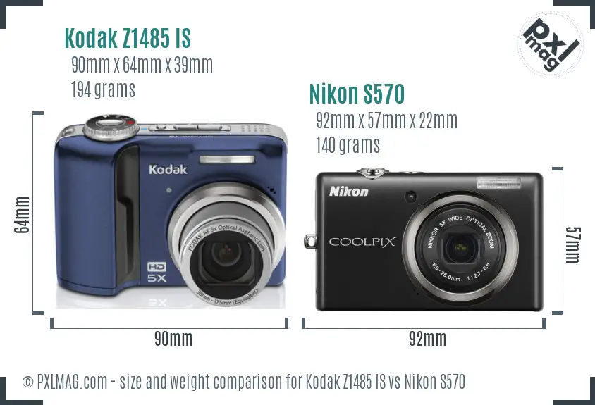 Kodak Z1485 IS vs Nikon S570 size comparison