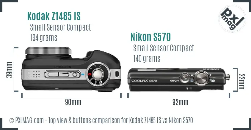 Kodak Z1485 IS vs Nikon S570 top view buttons comparison