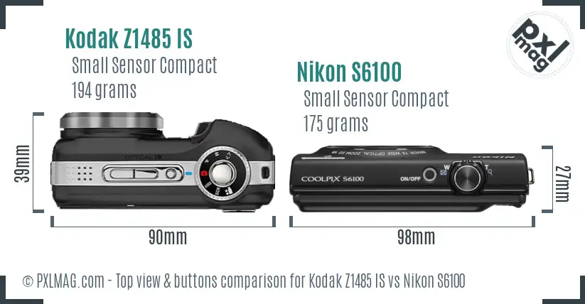 Kodak Z1485 IS vs Nikon S6100 top view buttons comparison Kodak Z1485 IS vs Nikon S6100 top view buttons comparison
