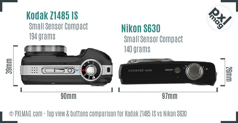 Kodak Z1485 IS vs Nikon S630 top view buttons comparison