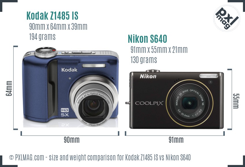 Kodak Z1485 IS vs Nikon S640 size comparison