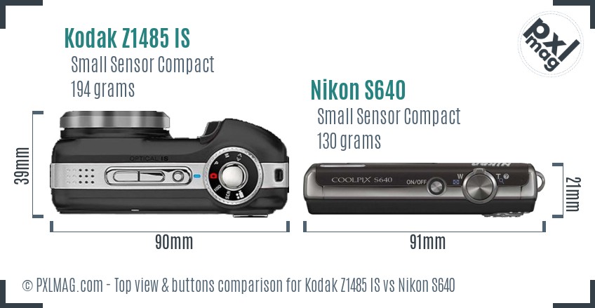 Kodak Z1485 IS vs Nikon S640 top view buttons comparison