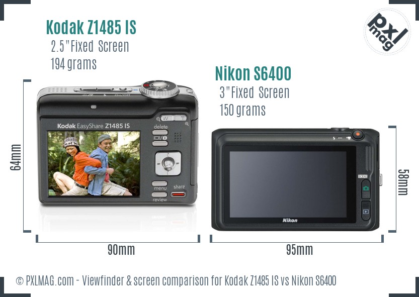 Kodak Z1485 IS vs Nikon S6400 Screen and Viewfinder comparison