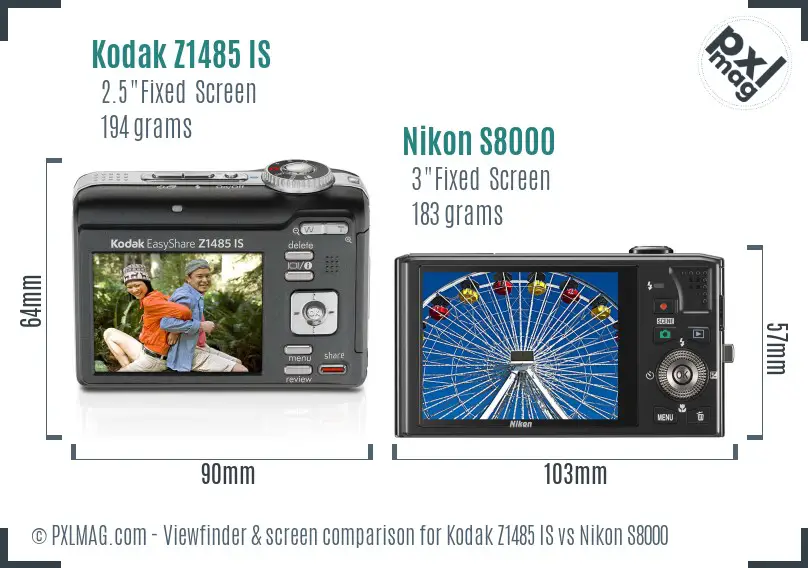 Kodak Z1485 IS vs Nikon S8000 Screen and Viewfinder comparison