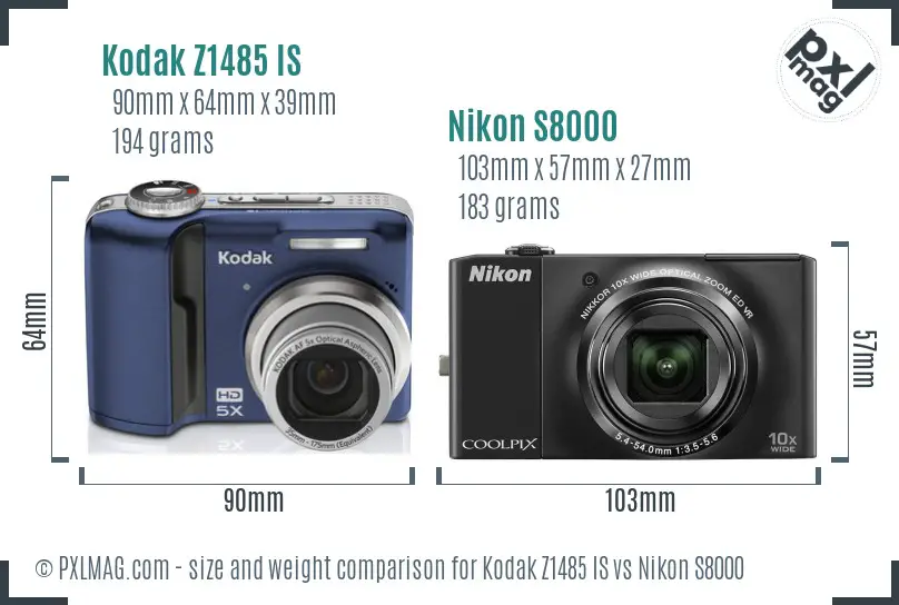 Kodak Z1485 IS vs Nikon S8000 size comparison