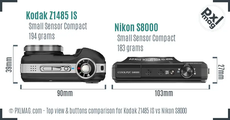 Kodak Z1485 IS vs Nikon S8000 top view buttons comparison