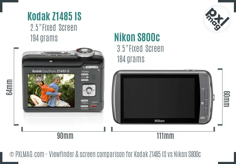 Kodak Z1485 IS vs Nikon S800c Screen and Viewfinder comparison