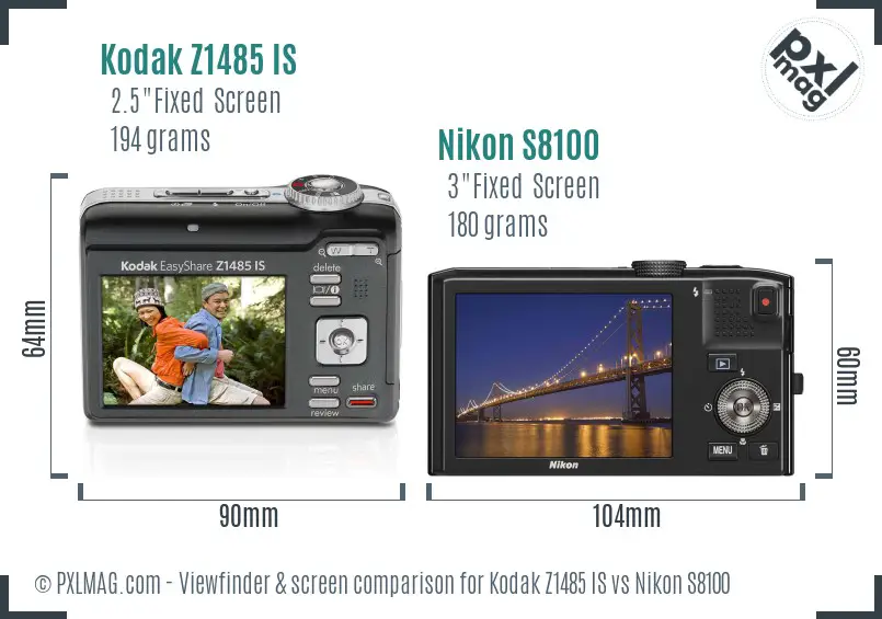 Kodak Z1485 IS vs Nikon S8100 Screen and Viewfinder comparison