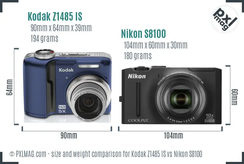 Kodak Z1485 IS vs Nikon S8100 size comparison