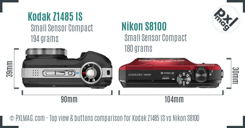 Kodak Z1485 IS vs Nikon S8100 top view buttons comparison