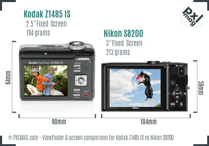Kodak Z1485 IS vs Nikon S8200 Screen and Viewfinder comparison