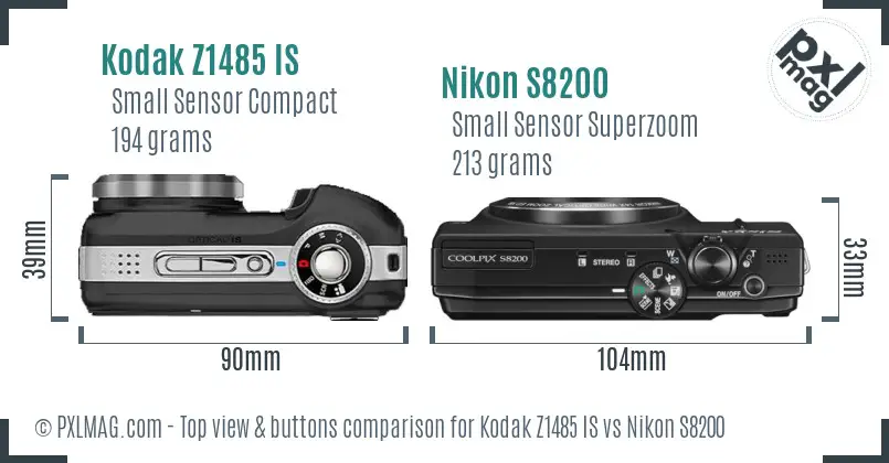 Kodak Z1485 IS vs Nikon S8200 top view buttons comparison