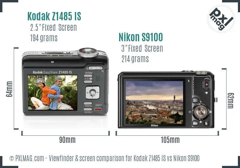 Kodak Z1485 IS vs Nikon S9100 Screen and Viewfinder comparison