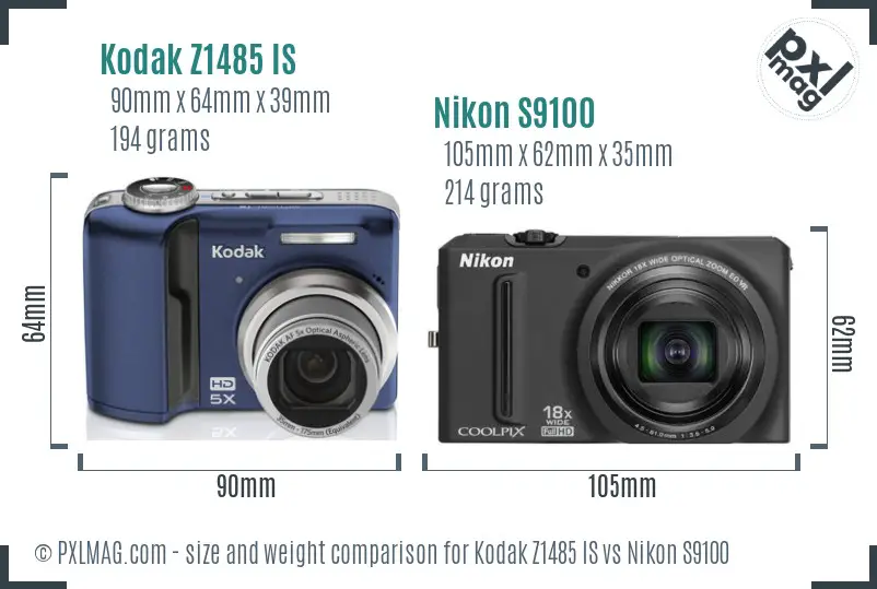 Kodak Z1485 IS vs Nikon S9100 size comparison