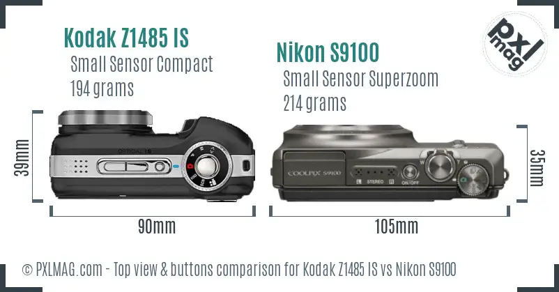 Kodak Z1485 IS vs Nikon S9100 top view buttons comparison