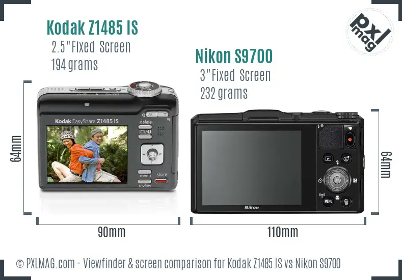 Kodak Z1485 IS vs Nikon S9700 Screen and Viewfinder comparison