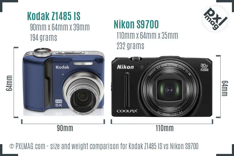 Kodak Z1485 IS vs Nikon S9700 size comparison