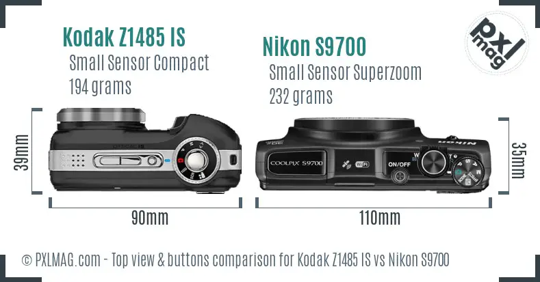 Kodak Z1485 IS vs Nikon S9700 top view buttons comparison