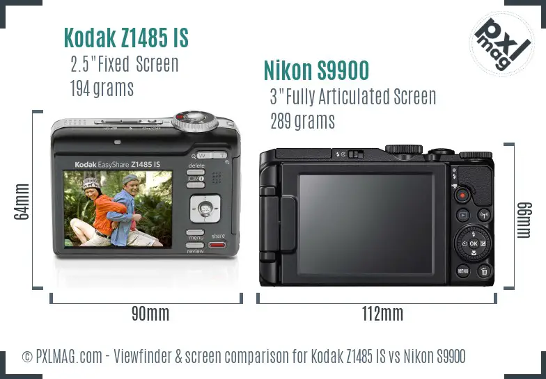 Kodak Z1485 IS vs Nikon S9900 Screen and Viewfinder comparison