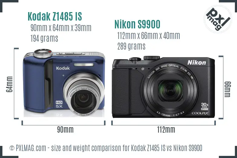 Kodak Z1485 IS vs Nikon S9900 size comparison