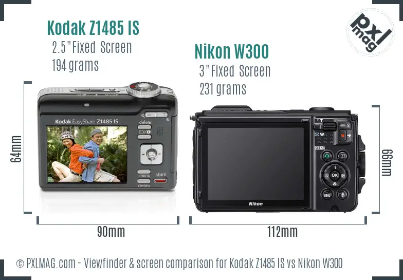 Kodak Z1485 IS vs Nikon W300 Screen and Viewfinder comparison