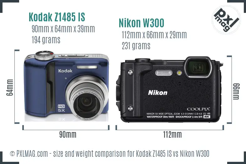 Kodak Z1485 IS vs Nikon W300 size comparison