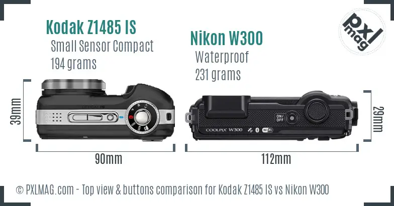 Kodak Z1485 IS vs Nikon W300 top view buttons comparison