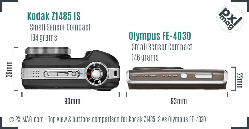 Kodak Z1485 IS vs Olympus FE-4030 top view buttons comparison