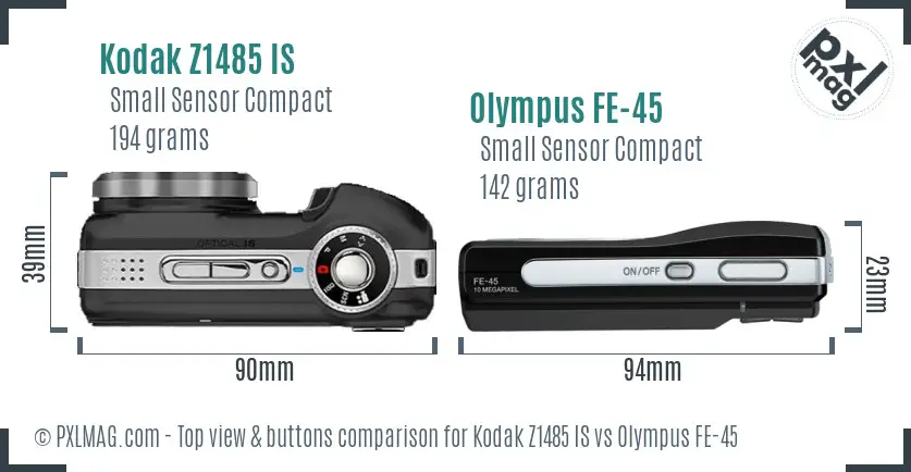 Kodak Z1485 IS vs Olympus FE-45 top view buttons comparison