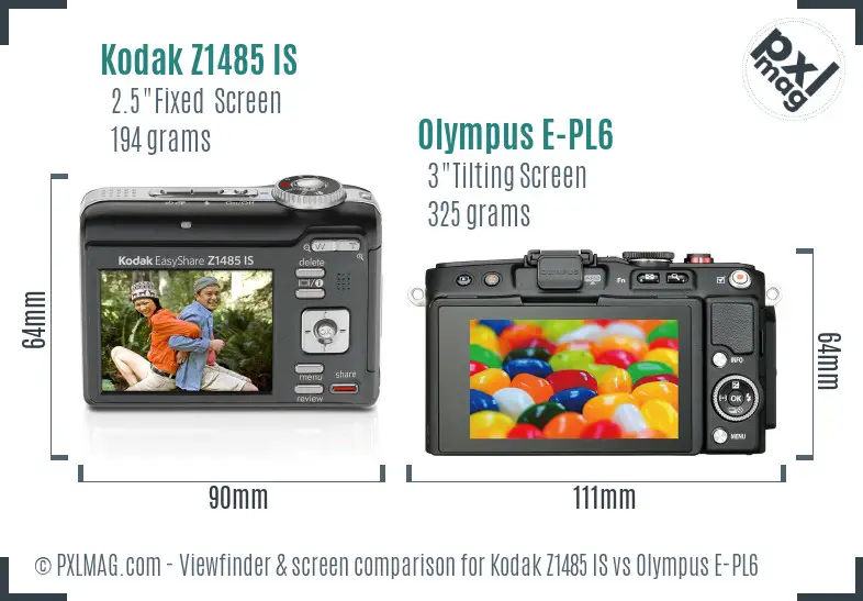 Kodak Z1485 IS vs Olympus E-PL6 Screen and Viewfinder comparison