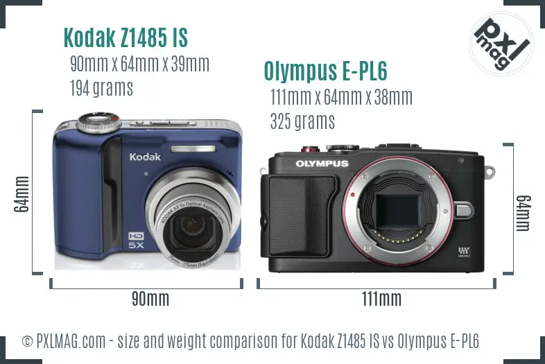Kodak Z1485 IS vs Olympus E-PL6 size comparison