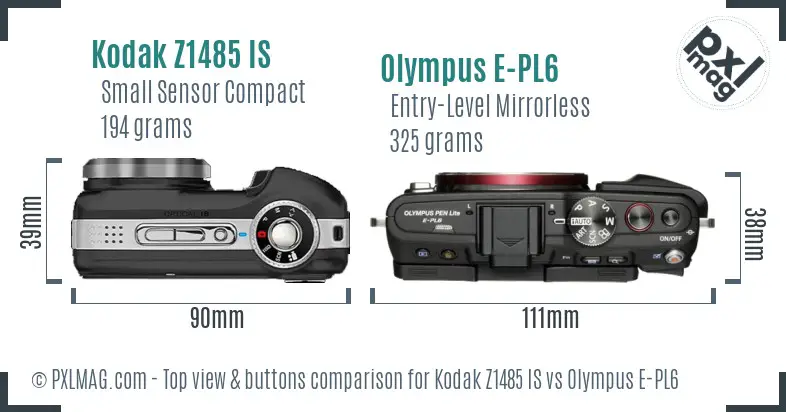 Kodak Z1485 IS vs Olympus E-PL6 top view buttons comparison