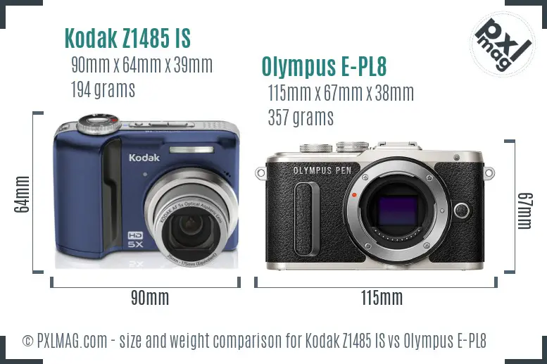 Kodak Z1485 IS vs Olympus E-PL8 size comparison